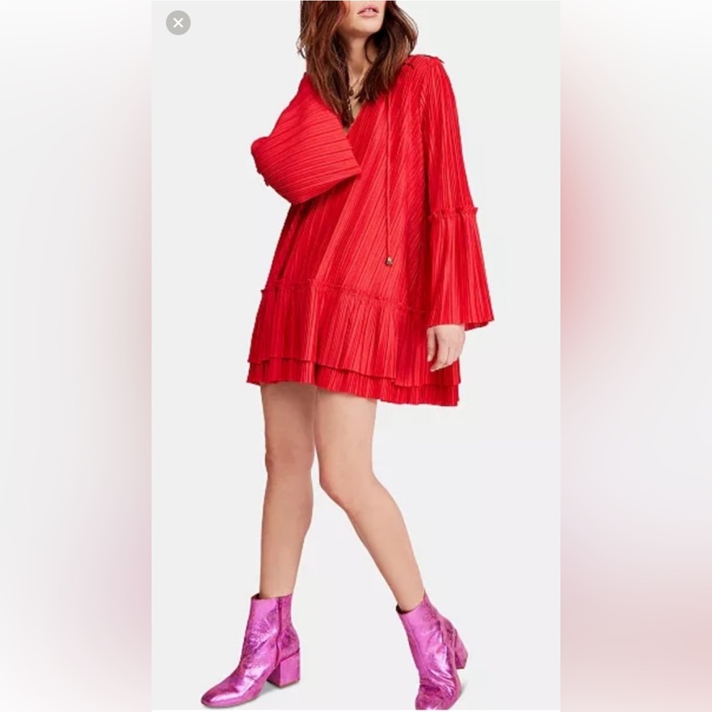 Free People “Can’t Help it” Red Pleated Mini Dress M